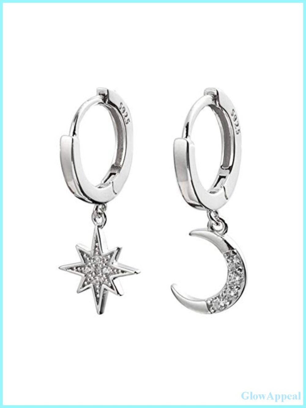Sterling Silver Moon Star Dangle Hoop Earrings CZ Charm Hypoallergenic